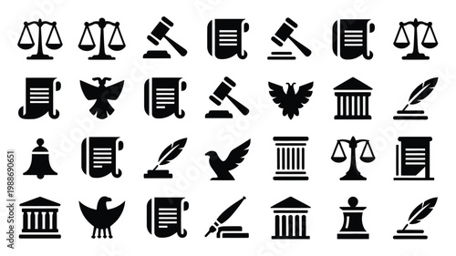 Black and white vector icons of legal symbols including scales of justice gavel eagle book feather quill law documents and courthouse