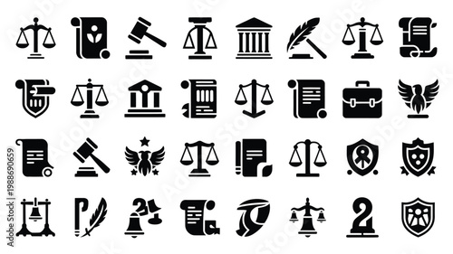 Black and white vector icons depicting justice law and legal symbols with scales gavels documents and shields in a modern minimalist style