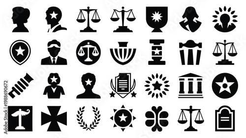 Black and white symbolic icons of justice law government and honor in bold minimalist style for legal and constitutional concepts