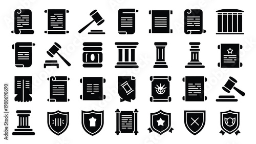 Black silhouette icons of legal documents gavels shields and columns symbolizing law justice and authority