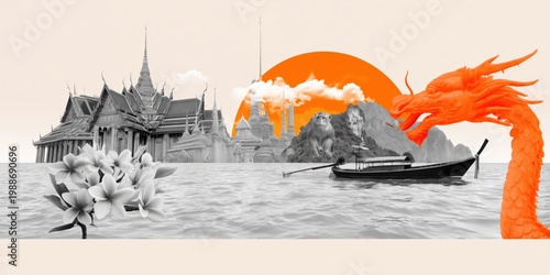 Temple and boat with dragon motif on riverside scene