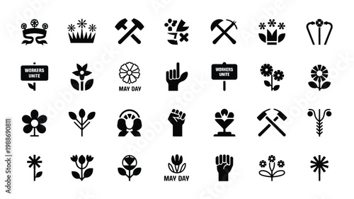 Black and white flat vector icons showcasing gardening tools plants and protest symbols for may day