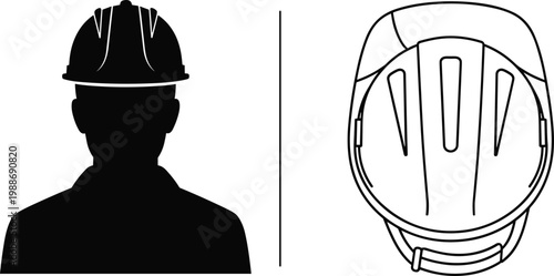 Silhouette of construction worker wearing hard hat and top view line art of helmet.