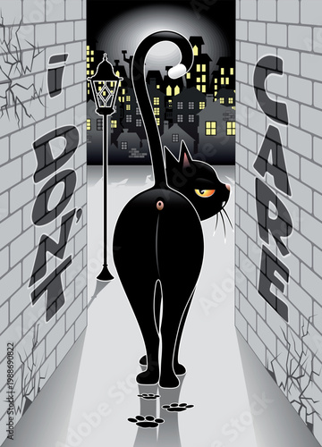 'I DON'T CARE' Text Quote, Disdainful Black Cat Meme Funny Character Walking away, Vector Character illustration EPS Poster Size for printing