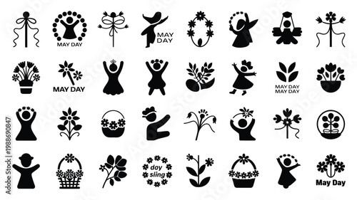 Black and white vector collection of may day symbols featuring floral motifs dancing figures and festive wreaths in a minimalist design style