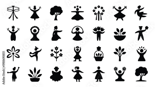 Minimalist black and white icons celebrating may day with symbols of trees flowers and dancing figures in a playful style