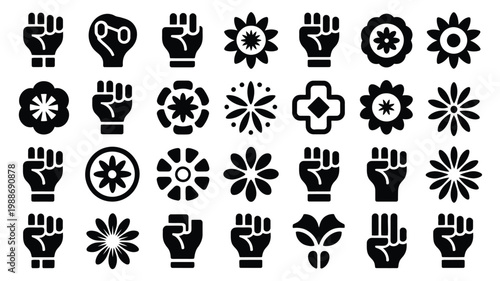 Black and white silhouette icons featuring raised fists flowers and gears symbolizing unity peace and progress