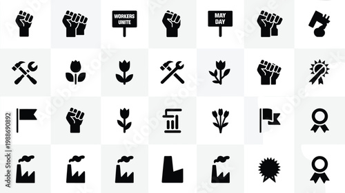 Black and white vector icon set featuring raised fists protest symbols tools and industrial elements for activism