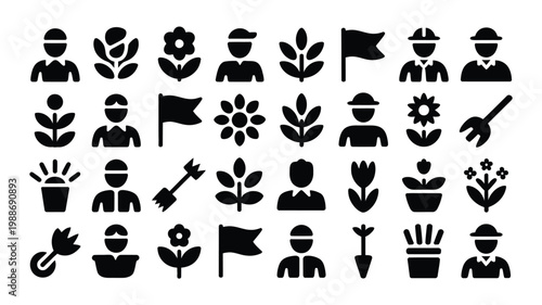 Black silhouette icons of gardeners flowers plants and gardening tools isolated on white background minimalist vector design style