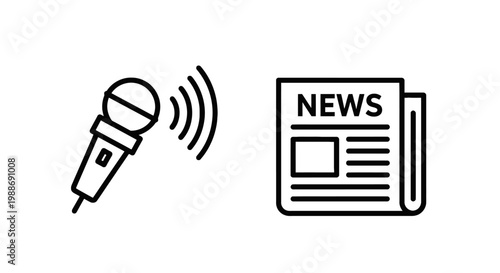 Set of line icons depicting microphone for audio broadcasting and daily newspaper for press release, journalism and media communication symbols, microphone