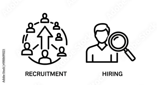 Recruitment and hiring process concept icons set with recruitment resources magnifying employment staffing business management corporate personnel