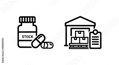 Pharmaceutical stock bottle and warehouse logistics icons with medicine warehouse logistics inventory management delivery pharmacy shipping checklist