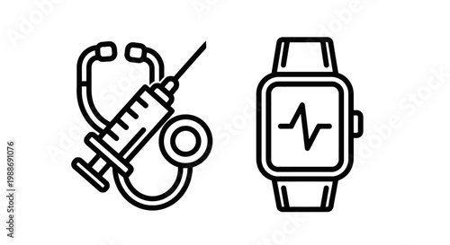 Medical healthcare icons featuring stethoscope syringe and smart wearable fitness tracker for patient monitoring and clinical data analysis concepts