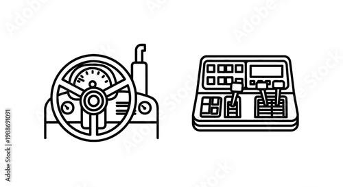 Industrial machinery control interface icons featuring steering wheel and control panel for heavy equipment operation and mechanical engineering design