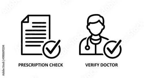 Medical prescription verification and doctor validation line icons set with medical record prescription verification validation healthcare document