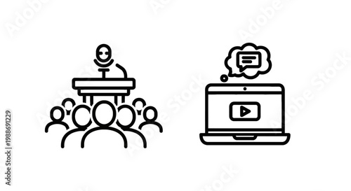 Public speaking presentation and online webinar icon set with presentation conference education audience business training learning communication