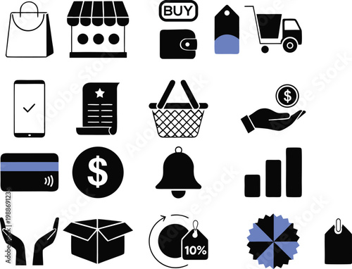 Commercial service icon pack featuring diverse retail concepts such as mobile payments delivery logistics product handling and market analysis.
