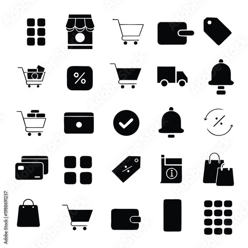 Shopping and finance icon collection featuring black silhouettes of retail tools and payment methods for website development and app design.