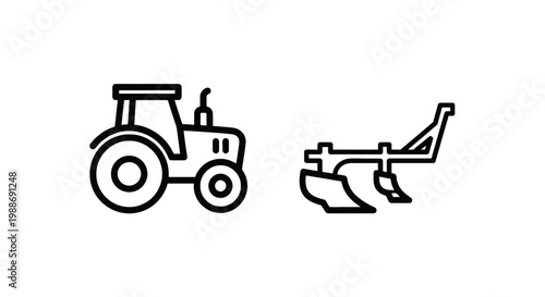 Agriculture tractor and farm plow equipment icon set with agriculture equipment machinery cultivation industry agricultural cultivate countryside