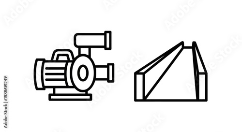 Industrial water pump and concrete trough drainage icon set with drainage industrial irrigation machinery construction concrete infrastructure