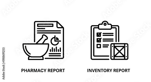 Professional business reports icons for pharmacy and inventory management with pharmacy inventory management document logistics warehouse clipboard