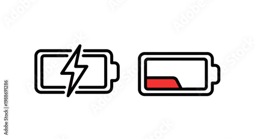 Set of battery charge level icons representing full energy and low power status with indicator electricity illustration interface recharge capacity