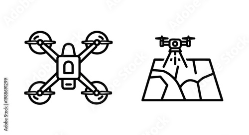 Drone technology icons set showing flying quadcopter and aerial landscape mapping with quadcopter landscape technology navigation illustration interface