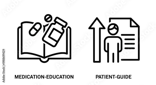 Medical education and patient guide flat line icons for healthcare documentation and information with health literacy medical report education medication
