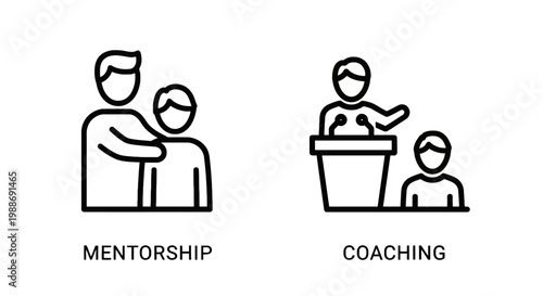 Set of professional icons illustrating mentorship and coaching concepts with text labels mentorship coaching teaching education guidance training