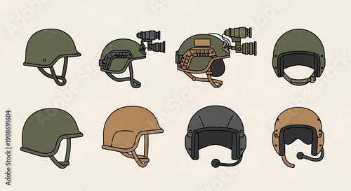 A collection of various military helmets in different colors and designs