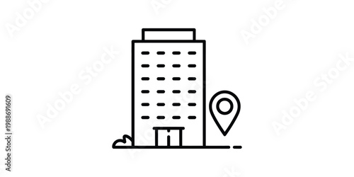 Single line art icon of a tall building with many windows and a location pin on transparent background.