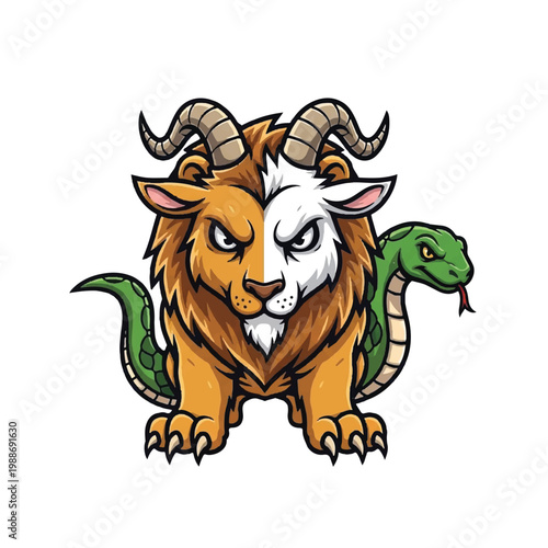 Mythical Chimera Creature Lion Goat Snake Hybrid Illustration.