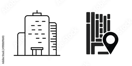 Two line art icons, one of a building and one of a map with a location pin, on transparent background.