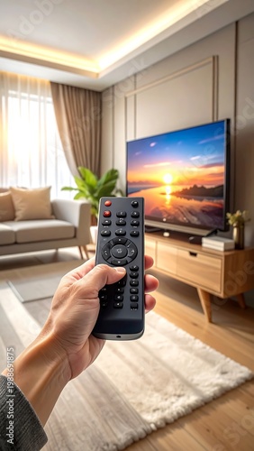 Hand holding TV remote in living room.