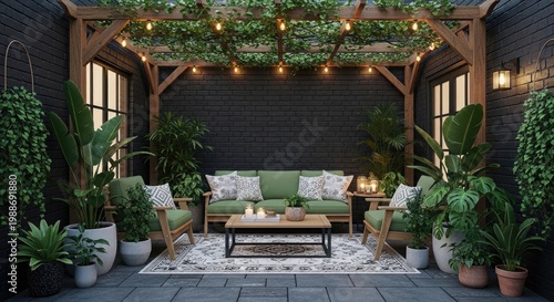 Outdoor patio with wooden pergola string lights green sofa and potted plants garden furniture