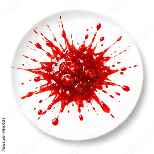 Red raspberry jam splash with whole fruit on a white ceramic plate