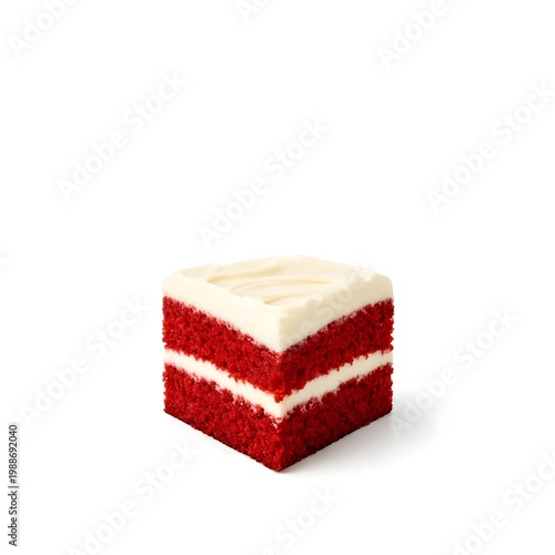 Square slice of red velvet cake with white cream cheese frosting