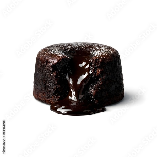 Molten chocolate lava cake with warm liquid center on white background