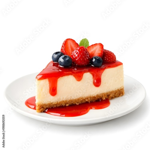 Slice of New York cheesecake topped with strawberry sauce and fresh berries