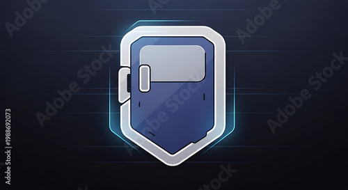 A futuristic blue and white shield icon on a dark background