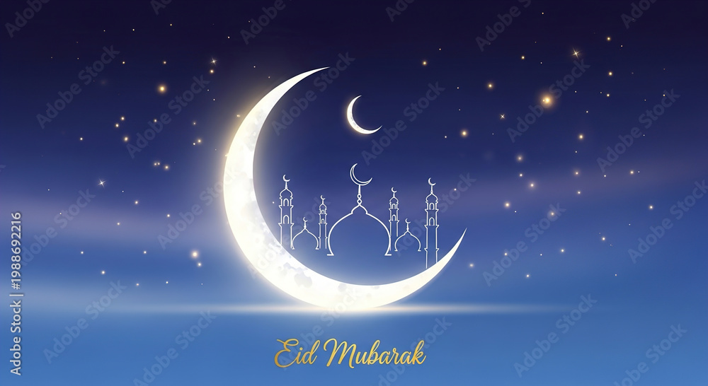 Naklejka premium Eid Mubarak greeting card: glowing crescent moon, mosque silhouette, starry night sky, gold script text