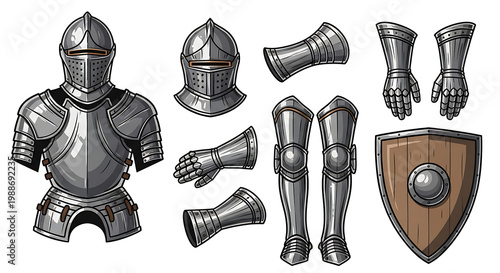 A detailed illustration of medieval knight armor and shield components