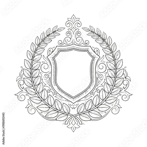 Ornate Shield Emblem with Laurel Wreath and Swirls.
