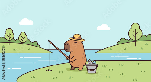 Cute capybara fishing by river peaceful outdoor hobby illustration
