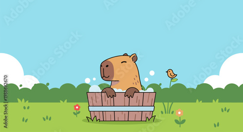 Cute capybara bathing in wooden tub outdoor relaxing nature illustration