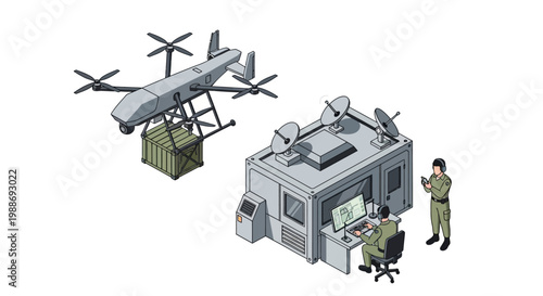 An advanced drone system is depicted, showcasing its capability to transport a cargo container, with operators monitoring its mission from a sophisticated control station.