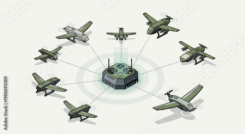 A central command station orchestrates a swarm of various unmanned aerial vehicles, illustrating coordinated drone operations and advanced control systems.