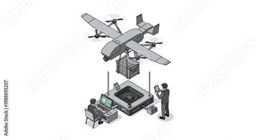 An advanced drone system is depicted, showcasing its capability for precise cargo delivery and remote operation by a team of technicians.