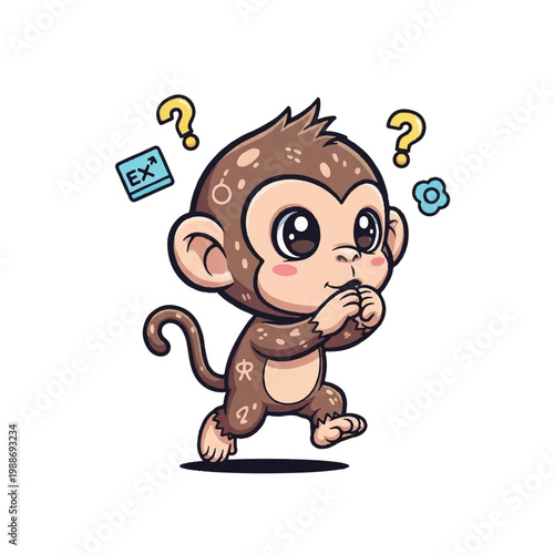 Cute cartoon monkey thinking with question marks around its head.