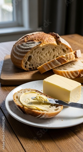 Artisan bread sliced on a wooden board with butter spread on a slice
